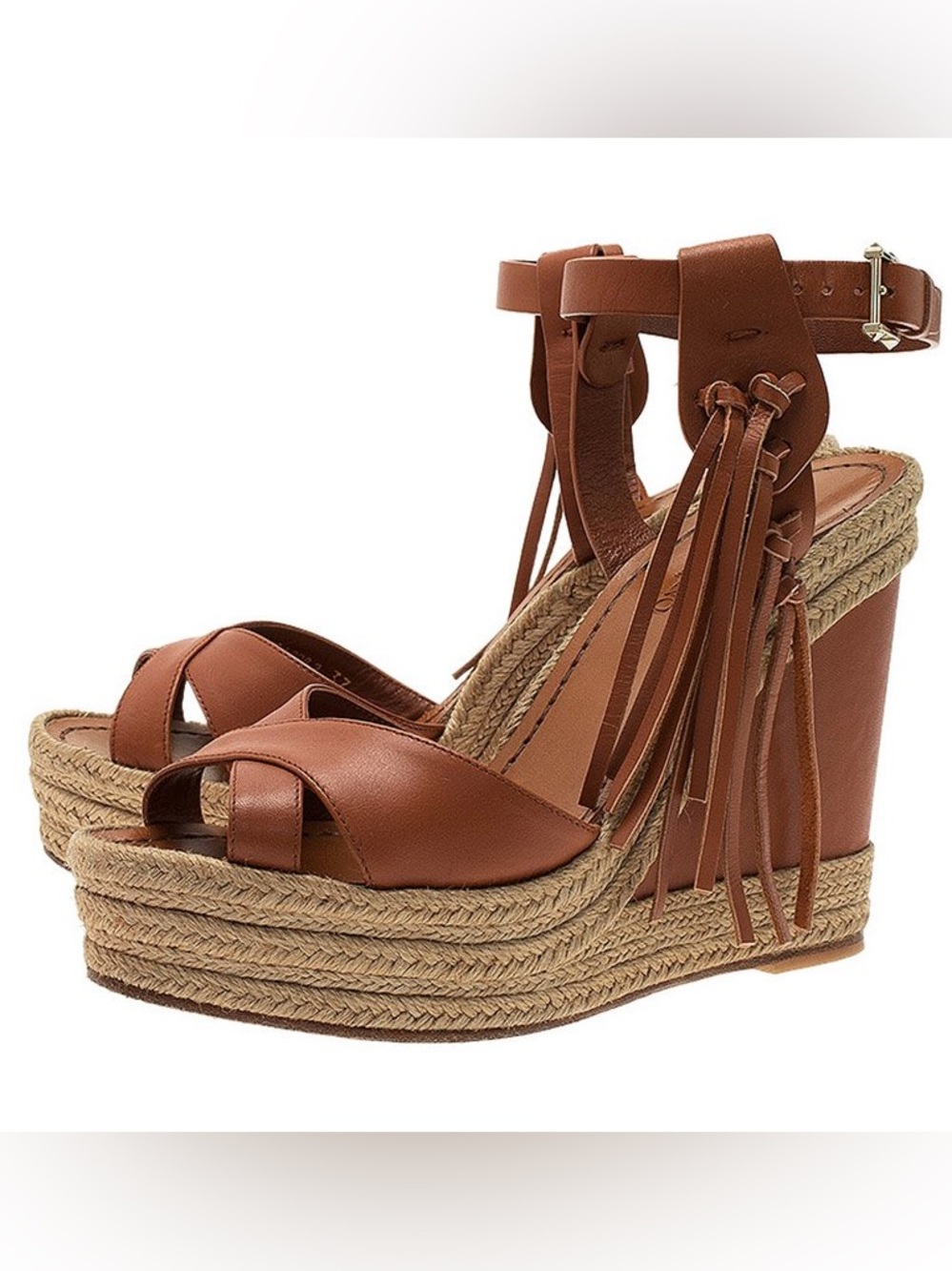 Valentino Brown Leather Espadrille Wedge Sandals with Fringe Ankle Tie